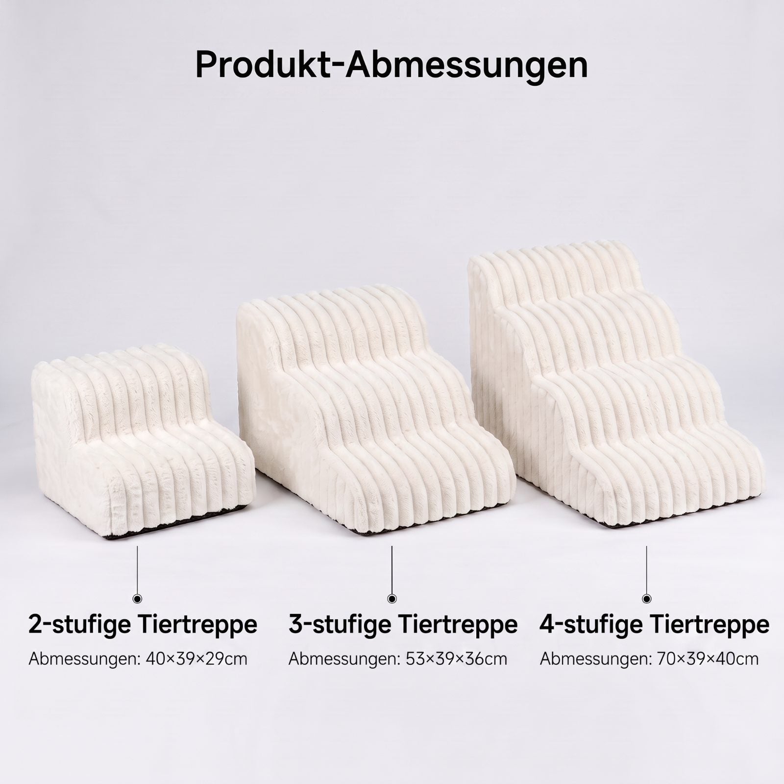 Alle drei Größen nebeneinander mit Maßangaben: 2-stufige Tiertreppe 40×39×29 cm, 3-stufige 53×39×36 cm, 4-stufige 70×39×40 cm