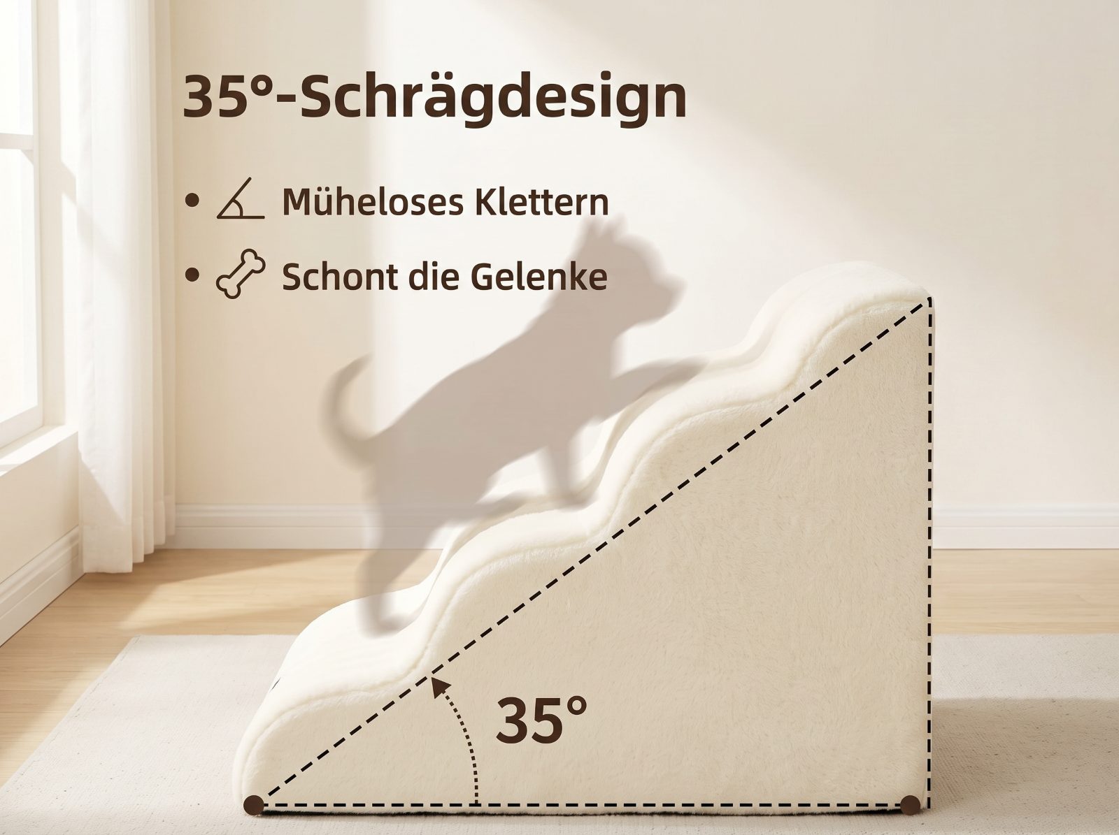 Seitenansicht der Treppe mit eingezeichneter Diagonale und der Winkelangabe 35 Grad