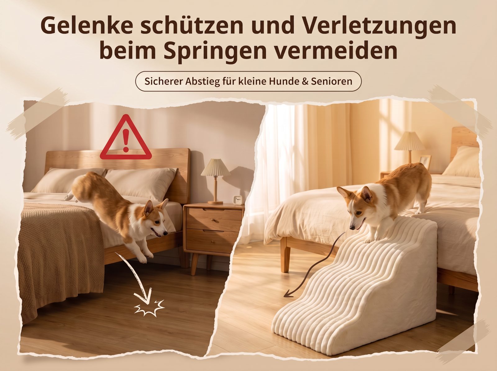 Gegenüberstellung: links springt ein Corgi vom Bett auf den Boden, rechts geht derselbe Hund über die Treppe nach unten