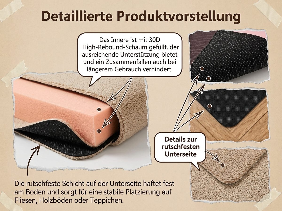 Aufbau im Schnitt: Schaumkern unter dem Plüschbezug und genoppte rutschfeste Unterseite auf Fliesen, Holzboden und Teppich