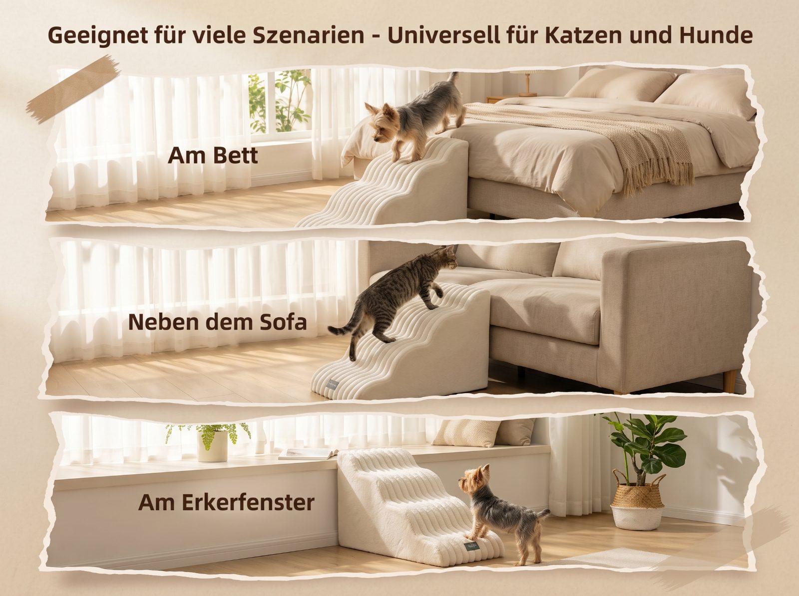 Drei Situationen übereinander: Treppe am Bett, neben dem Sofa und an der Fensterbank